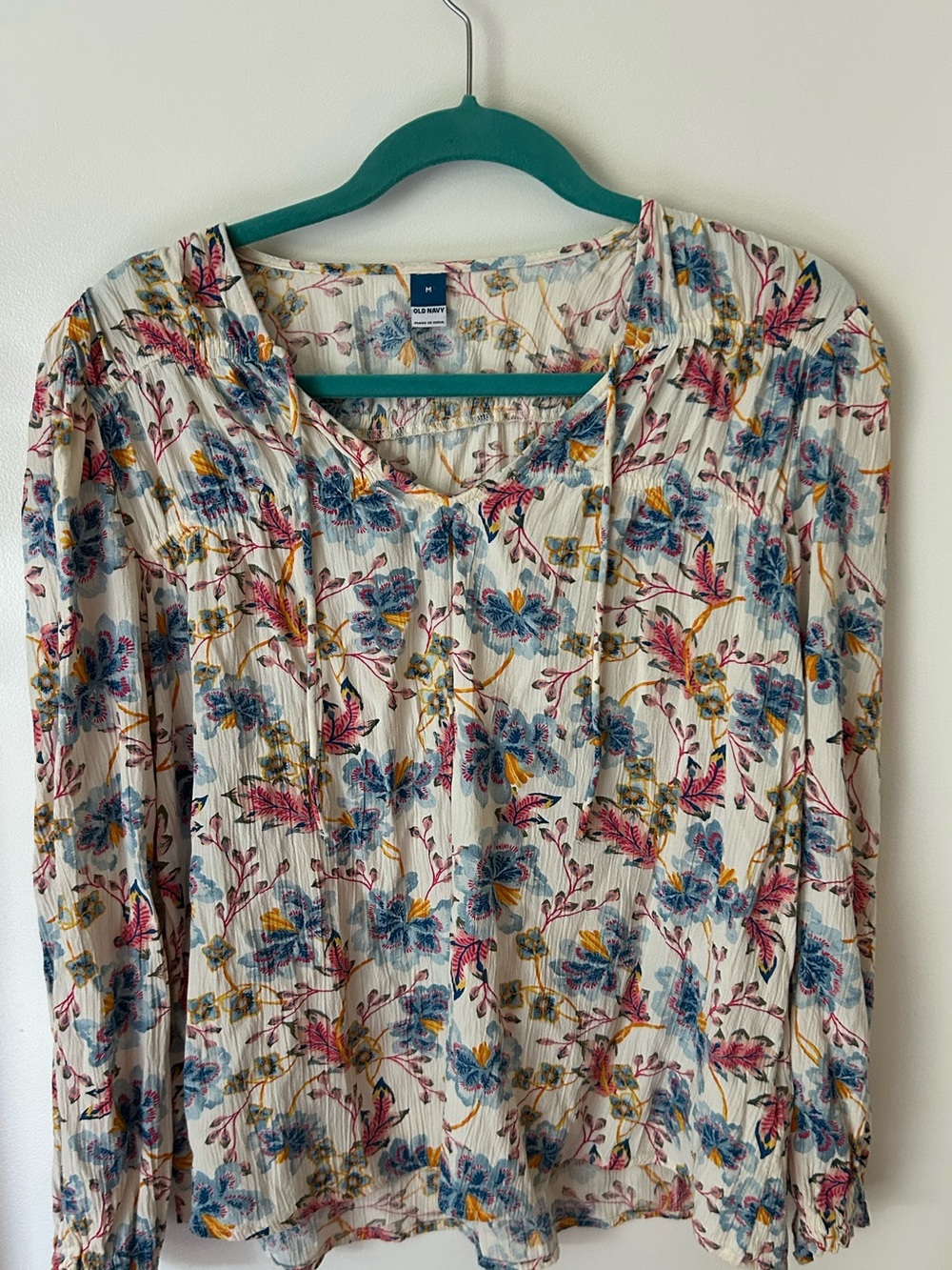 Old Navy Cream Floral Tie-Front Blouse with Blue, Pink & Yellow Accents